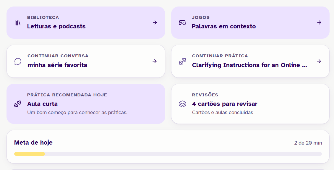 Cartões da tela inicial com biblioteca, jogos, conversa, prática, revisões e meta do dia
