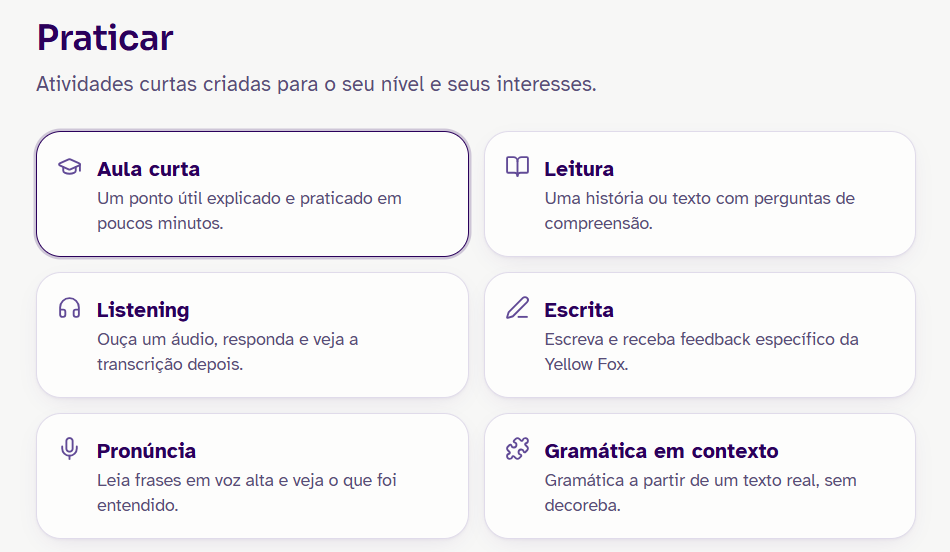 Tela Praticar com os seis formatos: aula curta, leitura, listening, escrita, pronúncia e gramática em contexto
