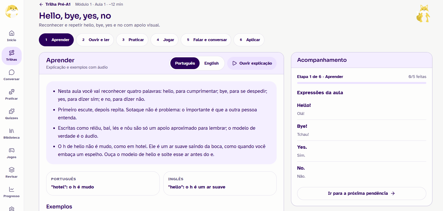 Aula da trilha Pré-A1 com as seis etapas: aprender, ouvir e ler, praticar, jogar, falar e aplicar